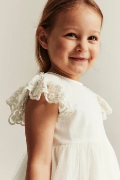 Kids white mesh dress with embroidery