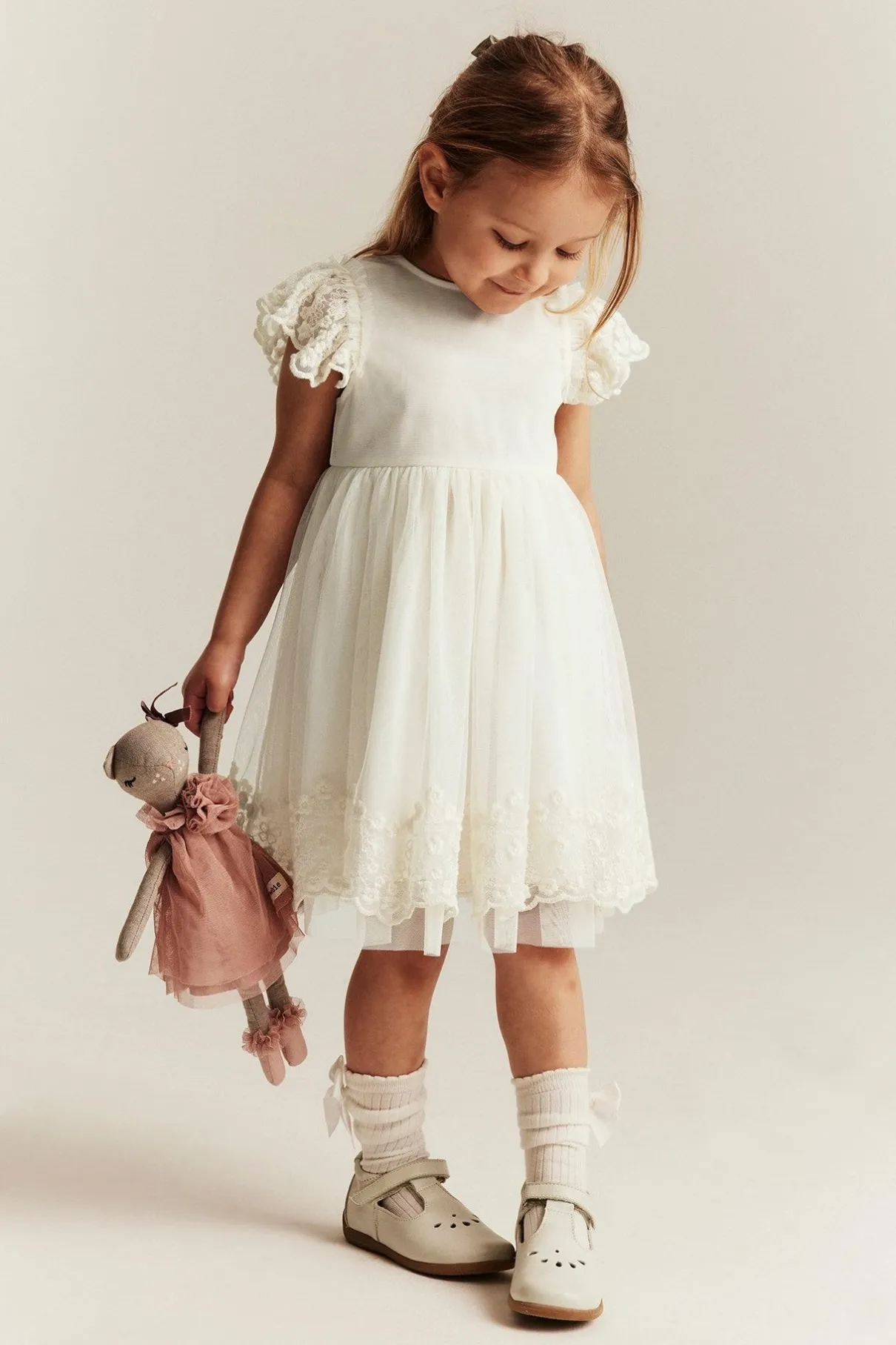 Kids white mesh dress with embroidery