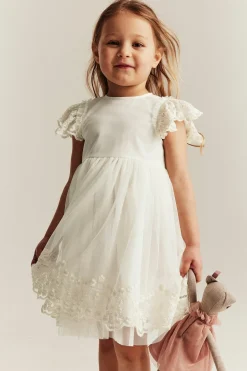 Kids white mesh dress with embroidery