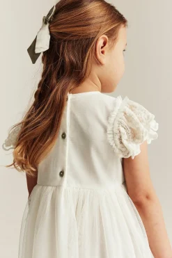 Kids white mesh dress with embroidery