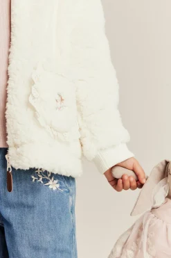 Kids white pile jacket with collar and lace