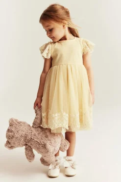 Kids yellow mesh dress with embroidery