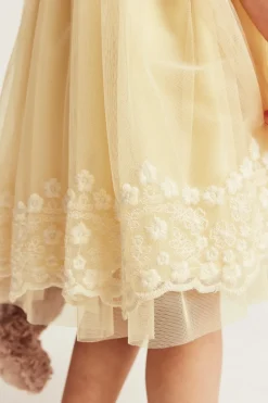 Kids yellow mesh dress with embroidery