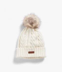 Off white cable knit beanie with pom pom