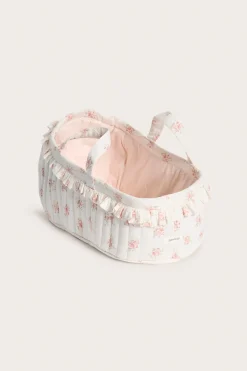 White floral quilted basket for dolls