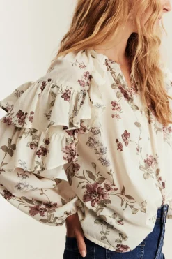 Women's beige floral frill blouse