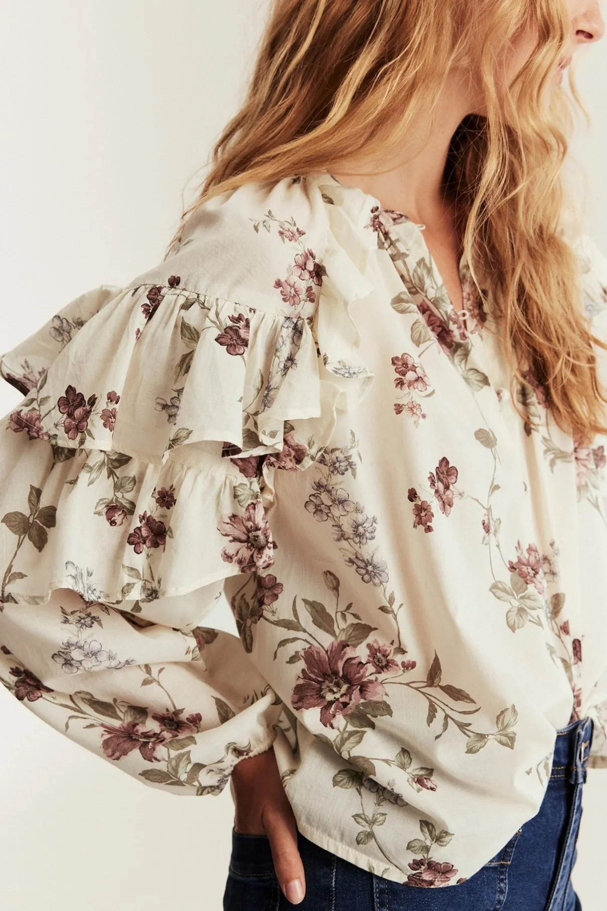 Women's beige floral frill blouse