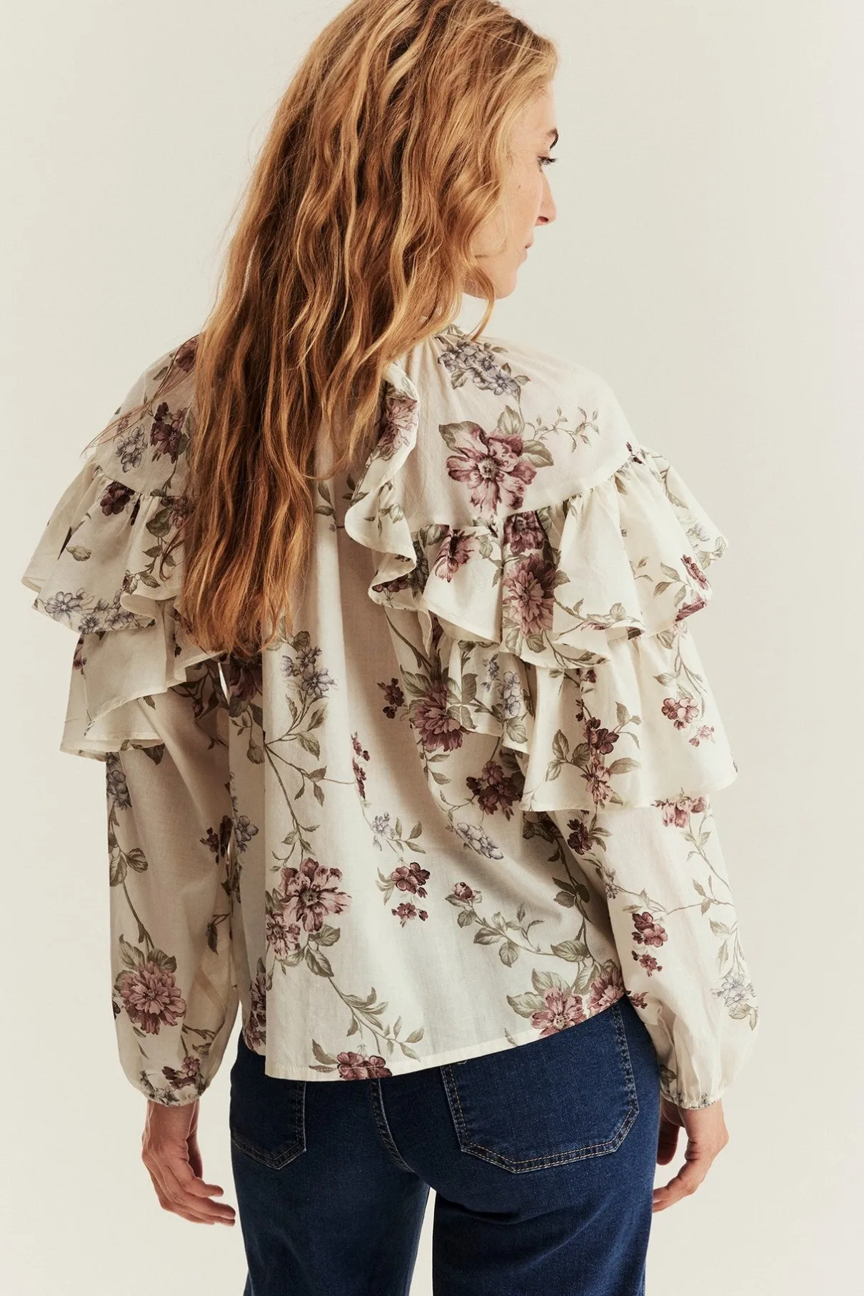 Women's beige floral frill blouse