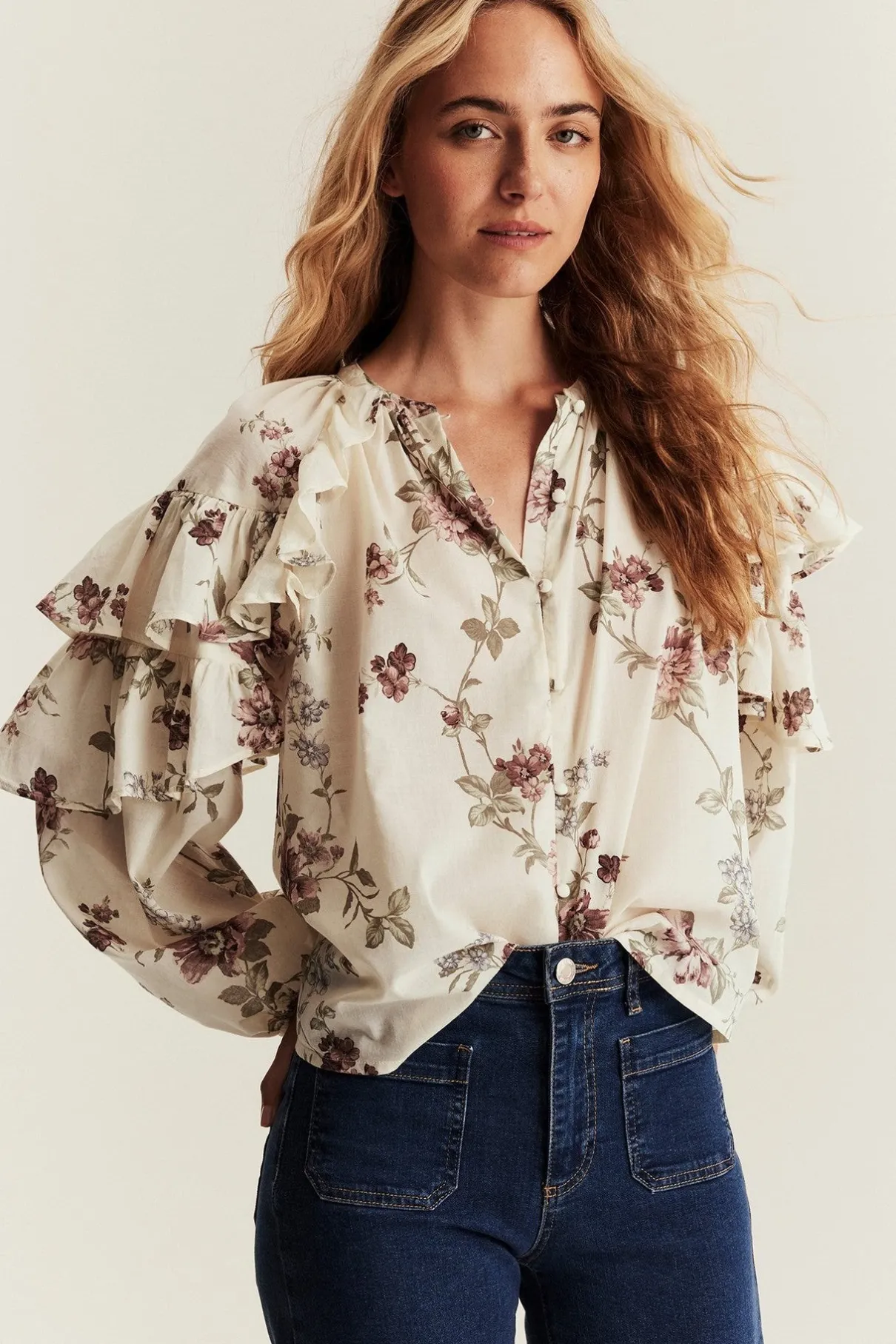 Women's beige floral frill blouse