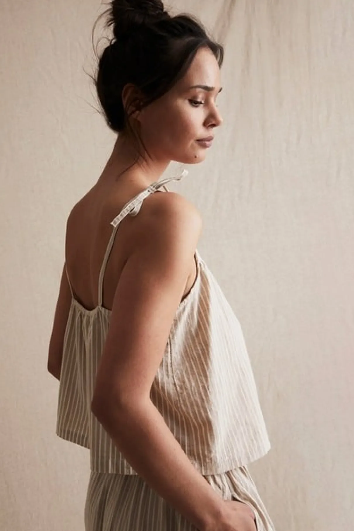 Womens beige striped tie shoulder top