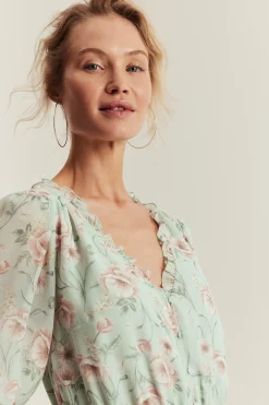Women's green floral short chiffon dress