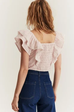Women's pink checked frill blouse