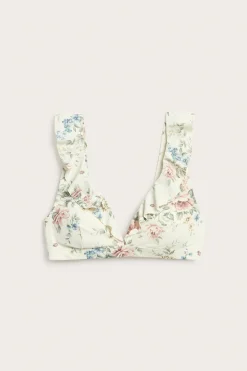Women's white floral frill bikini top