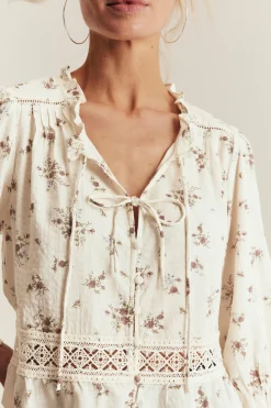 Women's white floral three-quarter sleeve blouse